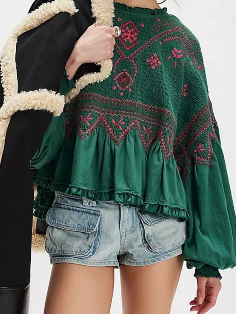 Free People Boho Teal Peasant Blouse W/ Ruffled Hem& Embroidered Accents NWT - Picture 9 of 16